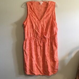 Time and Tru Coral Leaf-Pattern Sleeveless Drawstring Midi Dress